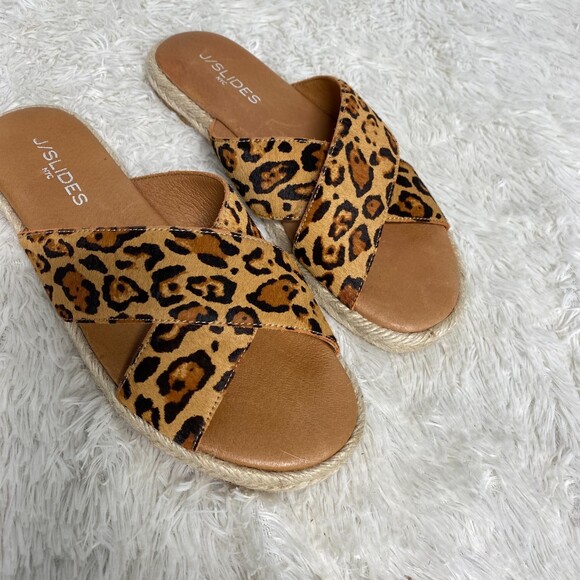 J/Slides New York Leopard Print Calf Hair Leather Cross Strap Slides Size 7 - Picture 3 of 9
